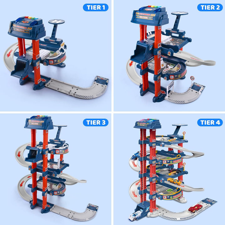 City Ultimate Garage Track Set with Electric Elevator, Upgrade 5 Levels Toy Car Garage with 5 Die-Cast Toy Cars & 1 Helicopter