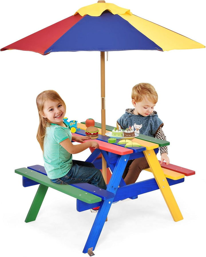Kids Picnic Table, Fir Wood Kids Outdoor Table and Chairs with Removable Umbrella, Toddler Picnic Table for Patio, Backyard, Garden (Natural)