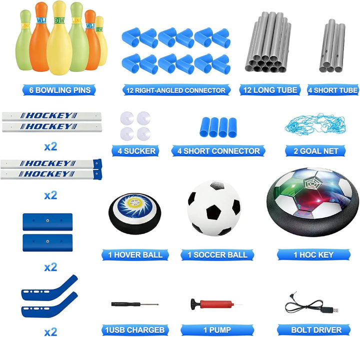 3-In-1 Hover Soccer Ball Hockey Bowling Set, Indoor and Outdoor Toys for Kids Ages 3-12, outside Toys with LED Lights, Christmas Birthday Gifts for 3 4 5 6 7 8 9+ Year Old Boys Girls