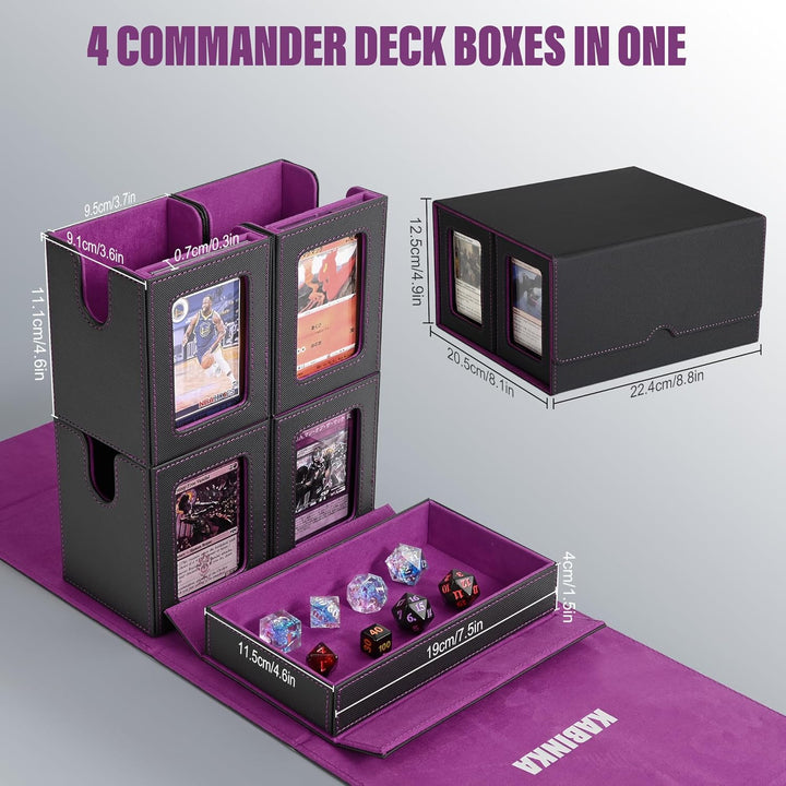 Card Deck Box for MTG with Commander Display, 5 in 1 Card Storage Box Fits 400+ Double-Sleeved Cards, Removable Deck Case for Tcg/Sports Cards with Dice Tray, 4 Magnetic Card Holders (Black Purple)