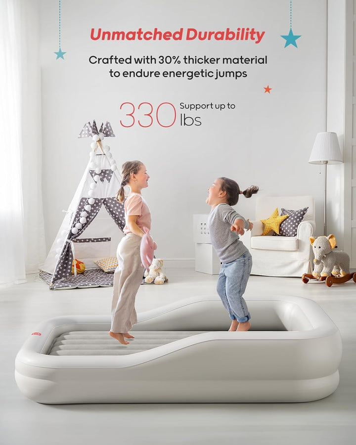 Inflatable Toddler Travel Bed with 3-Sided Safety Bumpers, Extra Large Kids Air Mattress, Includes Fast Electric Pump & Detachable Mattress, Portable for Camping, Travel, Home Use (Grey)