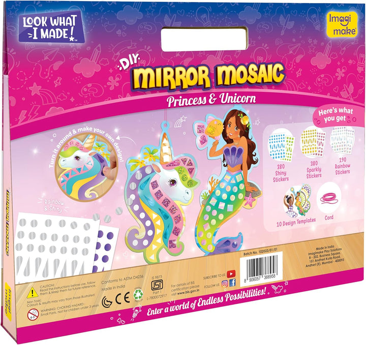 Mirror Mosaic Princess & Unicorn Kids Art Set | DIY Craft Kit | Foil Stickers for Kids | Birthday Gift for Girls and Boys Ages 3,4,5,6,7,8 | 3 Year Old Girl Gifts