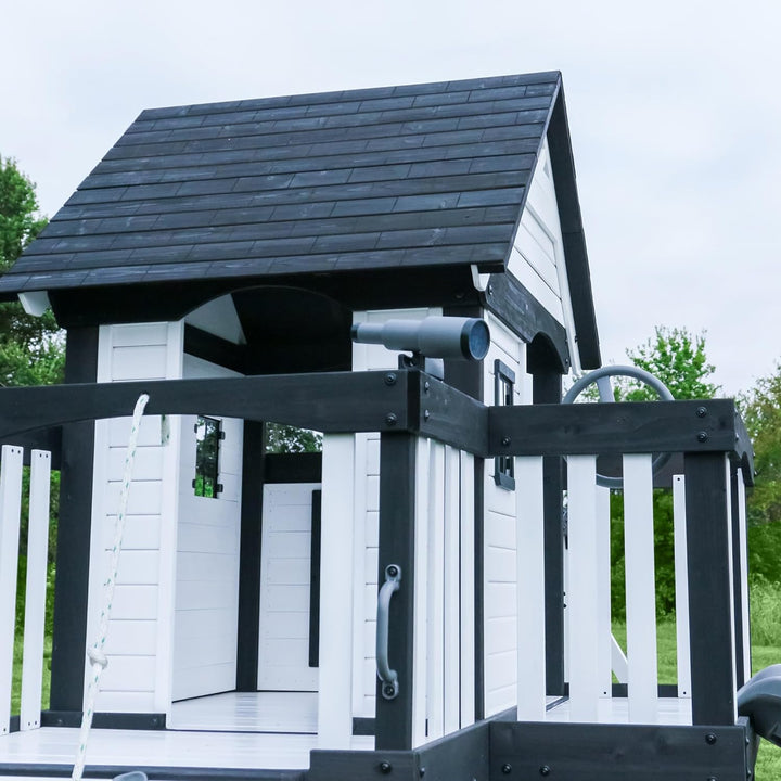 Canyon Creek White Cedar Wood Swing Set with Wave Slide, Clubhouse, Play Kitchen, Picnic Area, Belt Swings, Web Swing, Rock Wall, Balconies, Playhouse, Step Ladder, Outdoor Playset