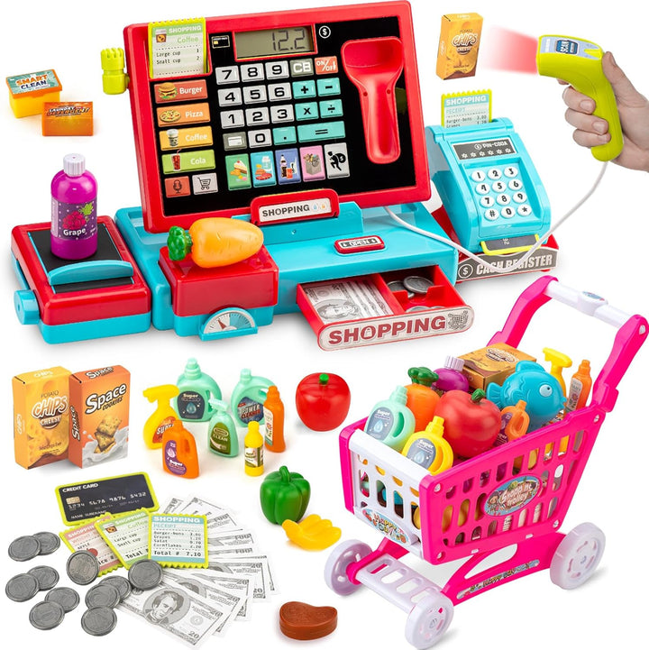 Kids Cash Register Toy with Shopping Cart Toddler Pretend Play Store Cashier Register for Kids with Music / Real Calculator / Scanner Learning Toys for Girls Birthday Gift for 3-8 Year Old Girl