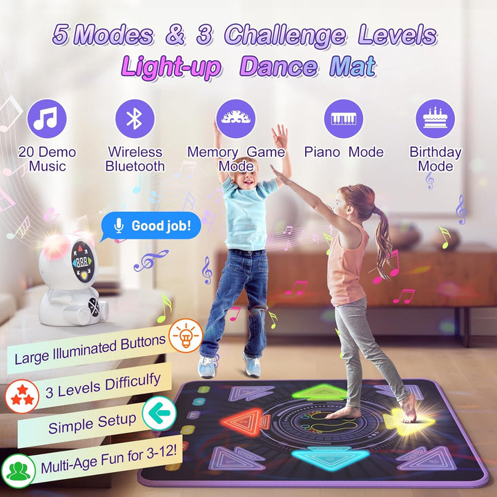 Dance Mat for Kids, Rechargeable Dance Mats for Girls and Boys, Light-Up Dancing Pad Game with Wireless Bluetooth, Christmas Birthday Gifts Ideas for 3 4 5 6 7 8 9 10 11 12 Year Old Kids