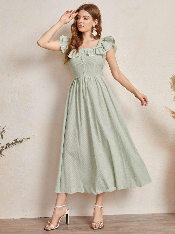 ROLVK Women'S Casual Dresses Ruffle Armhole Striped Dress Charming Mystery Special Beautiful