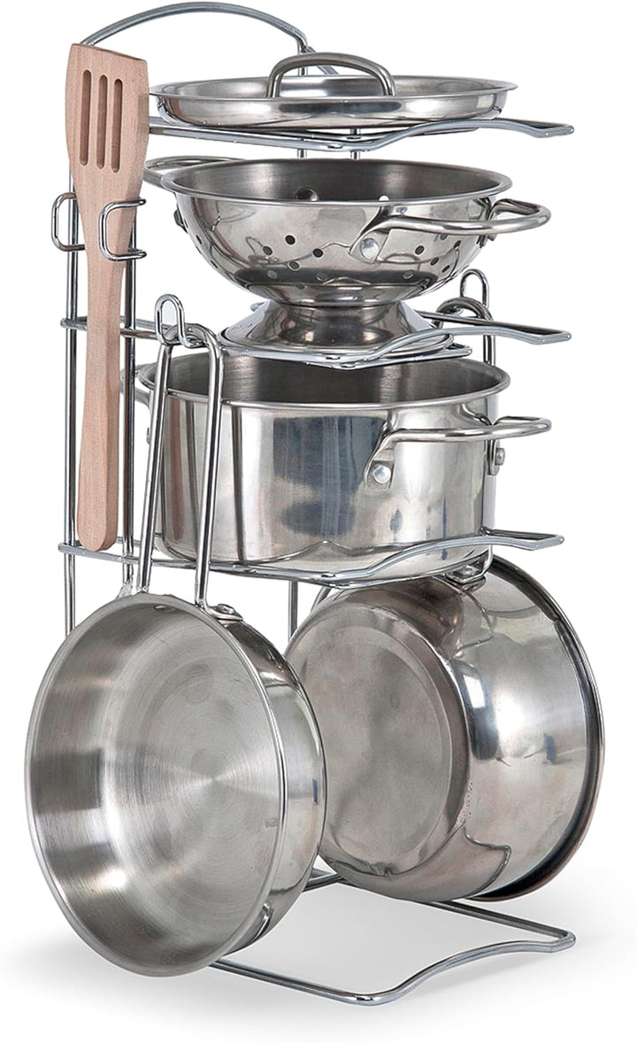 Stainless Steel Pots and Pans Pretend Play Kitchen Set for Kids (8 Pcs)