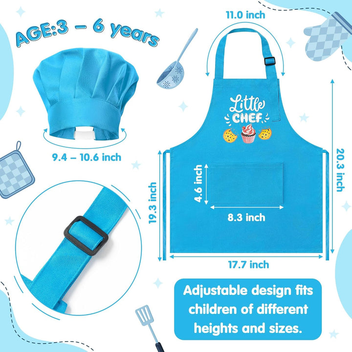 2 Pcs Kid Apron and Chef Hat Set, Adjustable Children Blue Kitchen Apron Cooking Baking Painting and Training Kits Dress up Role Play Chef Toy Kid Funny Cooking Gift New Year