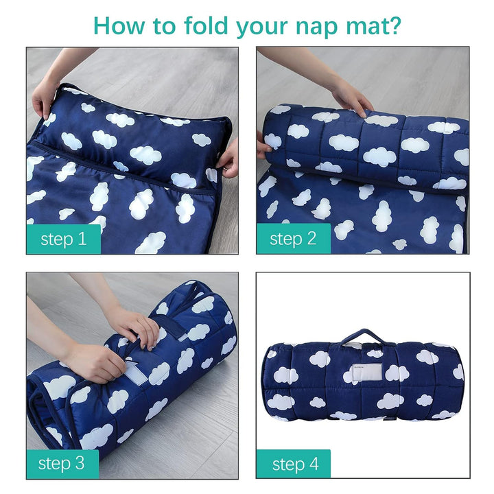 Toddler Nap Mat with Pillow and Blanket, Cot Nap Mats for Daycare Preschool Kindergarten, Lightweight Portable Travel Sleeping Bag for Kids, Super Soft & Cozy, Navy Cloud, 50" X 21"