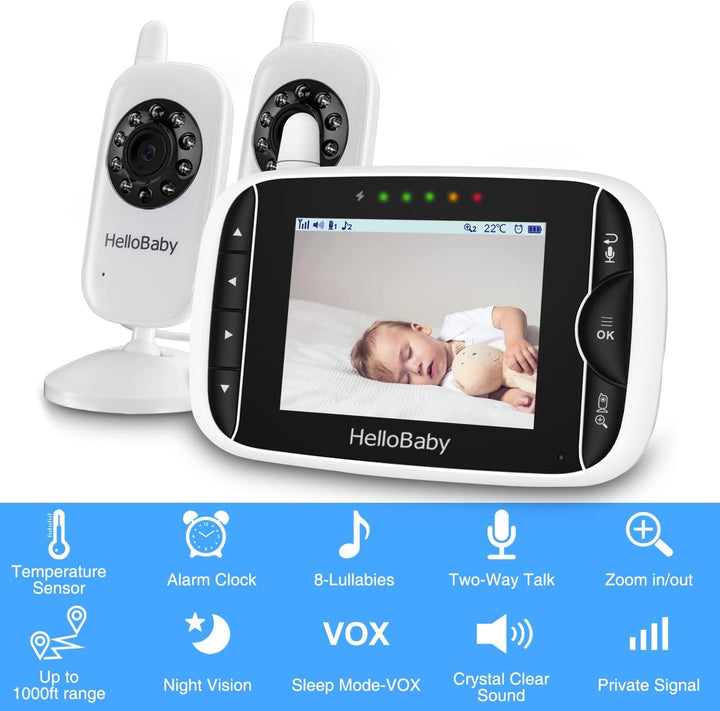 Baby Monitor with 2 Cameras, No Wifi, with Camera and Audio,Video, Night Vision 2-Way Audio, Fully Remote Pan & Tilt, 2X Zoom, ECO Mode, 8 Lullabies