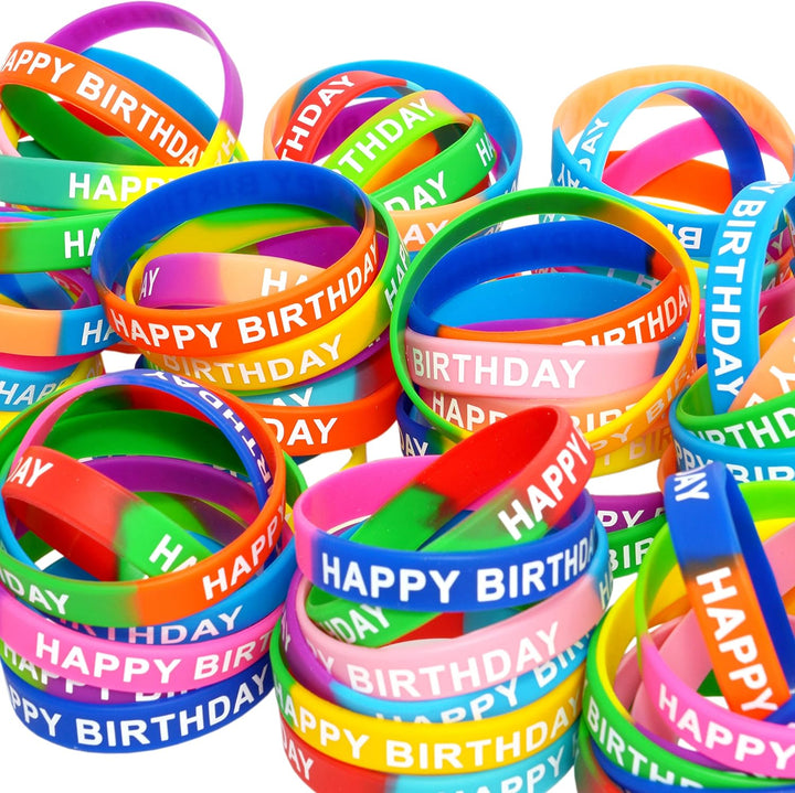 66 Pieces Birthday Rubber Bracelets(22 Styles),Colored Birthday Wristband for Birthday Party Favors,Stretch Birthday Rubber Wristbands for Birthday Party Supplies