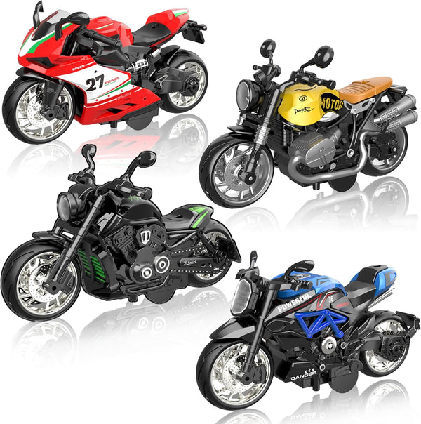 Alloy Metal Diecast Motorcycle Model Toy Set, 4 Pack of 1:12 Scale Die-Cast Motorcycles with Light&Sounds, Pull Back Function Toy Moto Bike for Kids Boys Girls and Collectors Ages 3 and Up