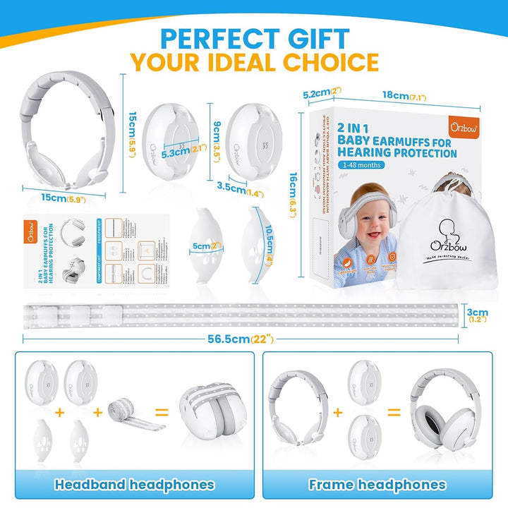 2-In-1 Baby Ear Muffs Noise Protection, Noise Cancelling Headphones for Babies up to 48 Months, Adjustable Infant Ear Protection with Non-Slip Band for Airplane Travel Sleep, White