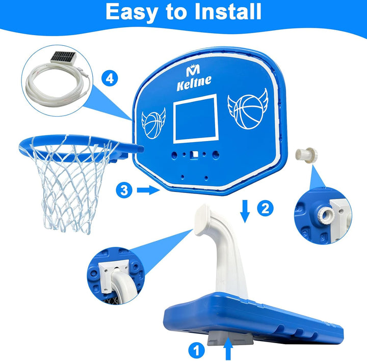 LED Pool Basketball Hoop Poolside, Large Solar Powered Basketball Hoop for Pool, Swimming Pool Basketball Game Toys with Lengthen Sturdy Base for Kids Adults, Includes 2 Balls and Pump