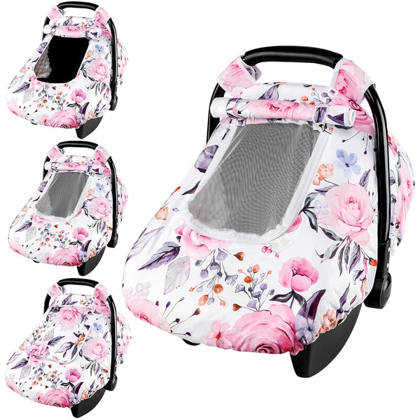 Floral Baby Carseat Cover Girls,  Infant Car Seat Covers Canopy for Newborn with 2 Layers Windows of Breathable Mesh/Fabric, Lightweight Polyester/Minky Dot Backing, Snug Fit Most Baby Car Seat