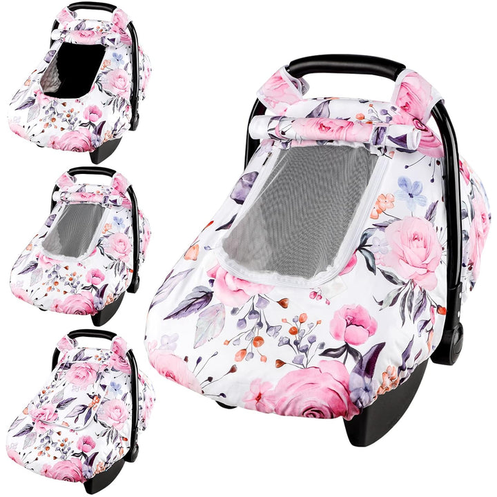Floral Baby Carseat Cover Girls,  Infant Car Seat Covers Canopy for Newborn with 2 Layers Windows of Breathable Mesh/Fabric, Lightweight Polyester/Minky Dot Backing, Snug Fit Most Baby Car Seat