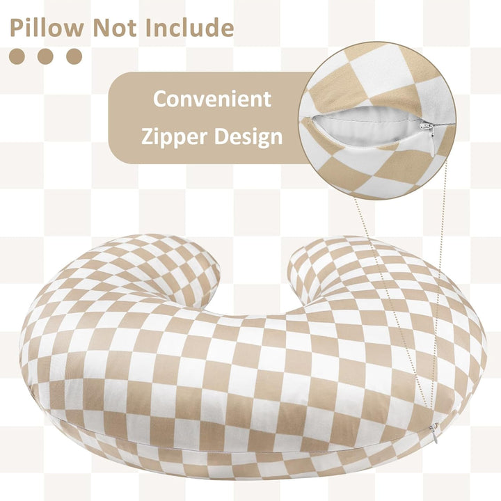 Nursing Pillow Cover, Stretchy Removable Case for Breastfeeding Pillows, Ultra Soft Comfortable Slipcover for Baby Girl and Boy, Light Brown Checkerboard