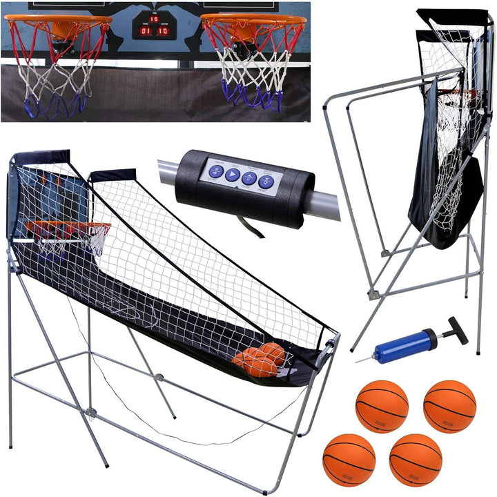 Foldable Indoor Basketball Arcade Game, Electronic Dual Shot Basketball Hoop Arcade Game Machine with 4 Balls and LED Scoring for 2 Players Home Play, Kids, Adults