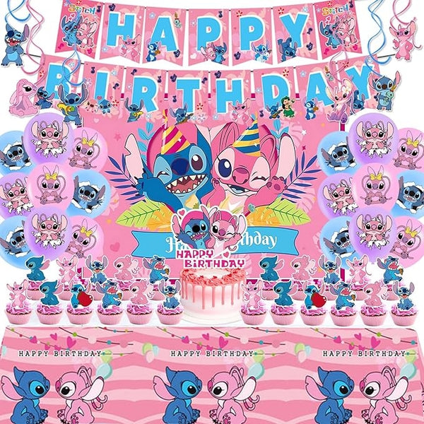Stitch Party Supplies, 101PCS Birthday Decorations Set Include Banner, Balloons, Stickers, Hanging Swirls, Cake Cupcake Toppers, Tablecloth for Girls Pink Stitch Theme Party