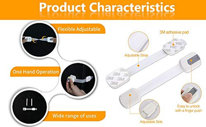 6 Pack  Multi-Use Adhesive Straps Locks - Childproofing Baby Proofing Cabinet Latches for Drawers, Fridge, Dishwasher, Toilet Seat, Cupboard, Oven,Trash Can, No Drilling (White) (6)