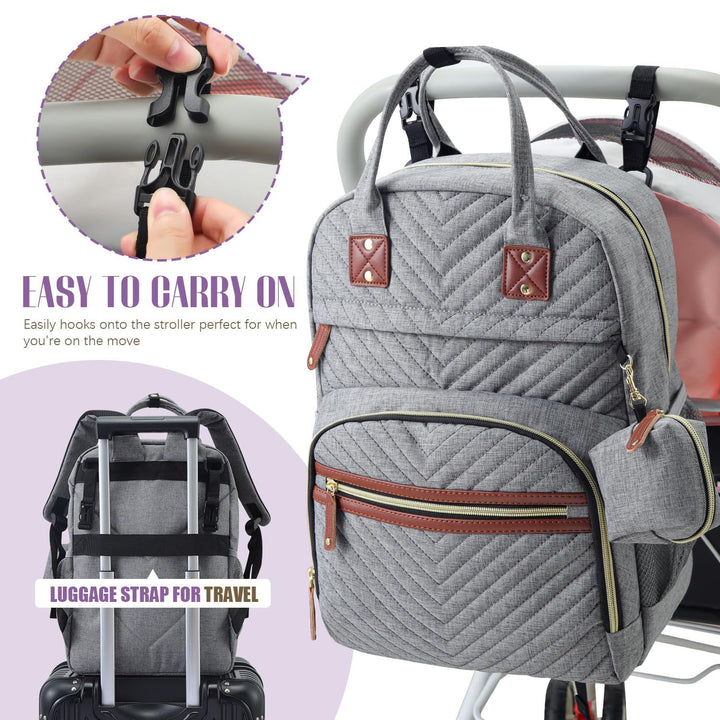 Diaper Bag Backpack, Baby Essentials Travel Tote Bag, Multi Function Waterproof Backpacks, Travel Essentials with Stroller Straps & Pacifier Case - Grey