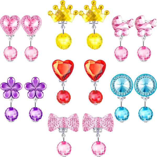 7 Pairs Girls Clip on Earrings Crystal Clip on Earrings Girls Princess Play Jewelry and 7 Pairs Pads with Box