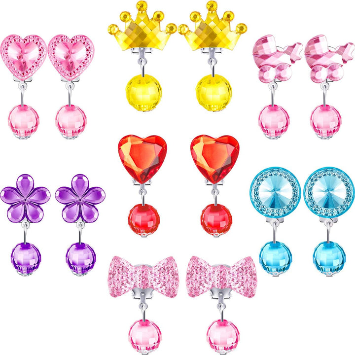 7 Pairs Girls Clip on Earrings Crystal Clip on Earrings Girls Princess Play Jewelry and 7 Pairs Pads with Box
