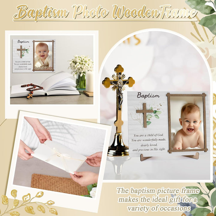 Baptism Photo Frame with Gift Box 4 X 6 Inch Baptism Wooden Picture Frame Catholic Keepsake Gifts for Girl Boy Baby Shower Godchild New Baby Religious Christening Party Favors(Leaf)