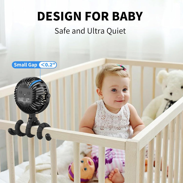 Battery Operated Stroller Fan Flexible Tripod Clip on Fan with 3 Speeds and Rotatable Handheld Personal Fans for Car Seat Crib Bike Treadmill (Black)