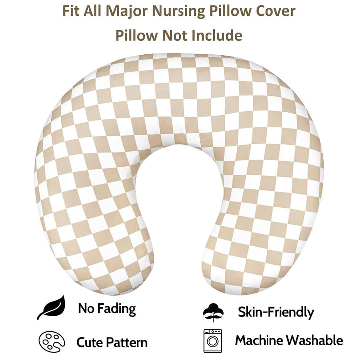 Nursing Pillow Cover, Stretchy Removable Case for Breastfeeding Pillows, Ultra Soft Comfortable Slipcover for Baby Girl and Boy, Light Brown Checkerboard