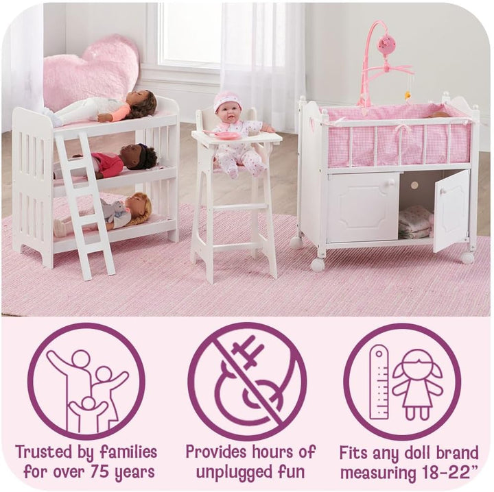 Wooden Baby Doll High Chair - Fits 18" Dolls - Includes Tray, Bib & Free Personalization Kit - Best for Toddler Girls for Pretend Play - White with Pink Gingham Seat