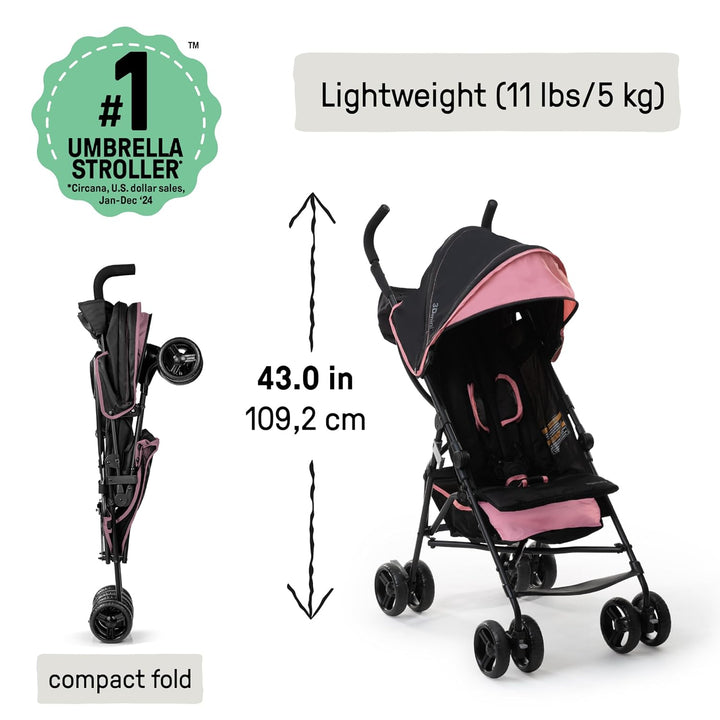 3D Mini Convenience Stroller – Lightweight Stroller with Compact Fold, Multi-Position Recline, Canopy with Pop Out Sun Visor and More – Umbrella Stroller for Travel, Pink