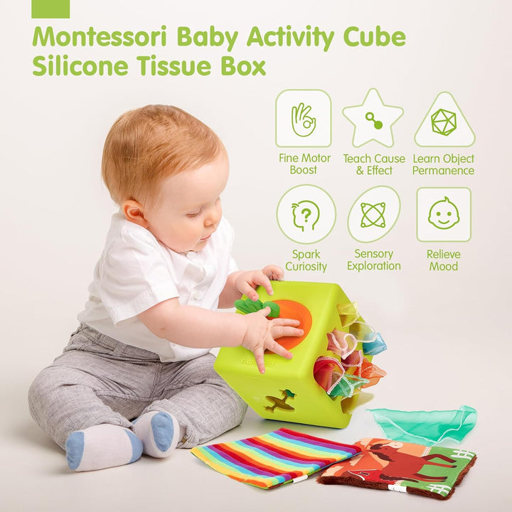 Baby Tissue Box Toy - Silicone Baby Toys 6-12 Months Montessori Toys for 6 Month Old, 6-In-1 Soft Busy Activity Cube with Scarves, Crinkle, Textures, Mirror, Sensory Popper, 12-18 Months Toy