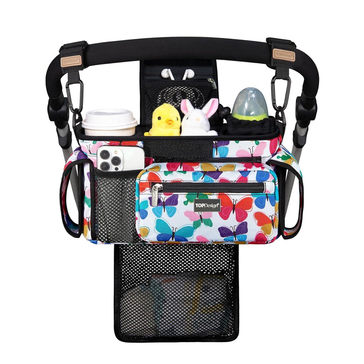 Universal Baby Stroller Organizer, Stroller Caddy with Detachable Mesh Bag & Heightened Insulated Cup Holders & Non-Slip Secure Hooks Accessories, Fits Most Strollers (Checkerboard)