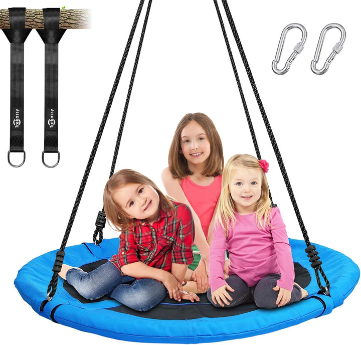 700Lb 40 Inch Saucer Tree Swing for Kids Adults Outdoor 900D Oxford Waterproof with 2Pcs Tree Hanging Straps, Steel Frame and Adjustable Ropes Blue