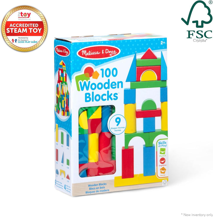 Wooden Building Blocks Set - 100 Blocks in 4 Colors and 9 Shapes - FSC Certified