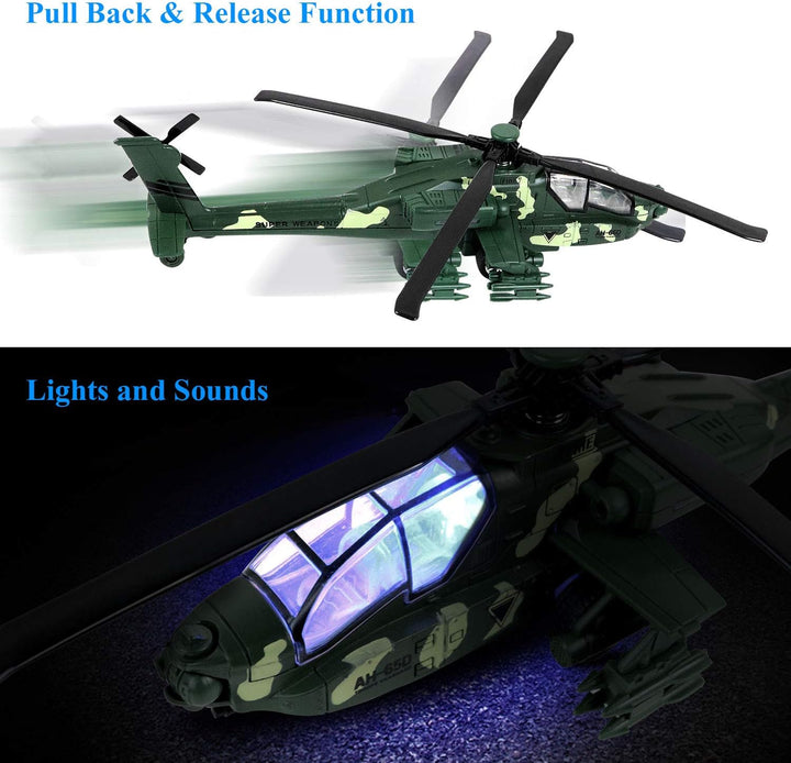 Military Helicopter Toy with Lights and Sounds, Pull Back Army Plane Airplane for Kids Children Boys Girls 11.2 Inch (Green)