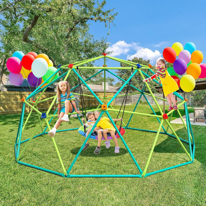 10 Ft Climbing Dome Swing Set with Saucer Swing, Jungle Gym for Kids Outdoor Backyard, Supports 800Lbs, Easy Asssembly, Rust-Resistant Outdoor Playset for Ages 3-8 8-12