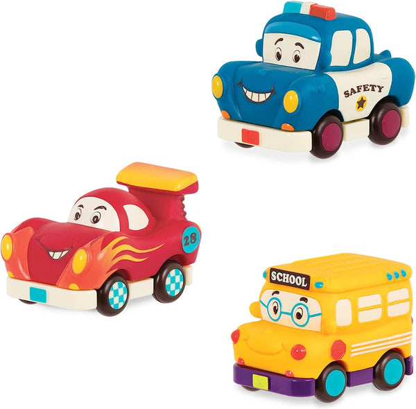 – Mini Wheeee – Ls! – 3 Pieces Mini Pull – Back Vehicles Set, Bus & Cars, Multi, Hot Rod, School Bus, Police Car – 1 Year +