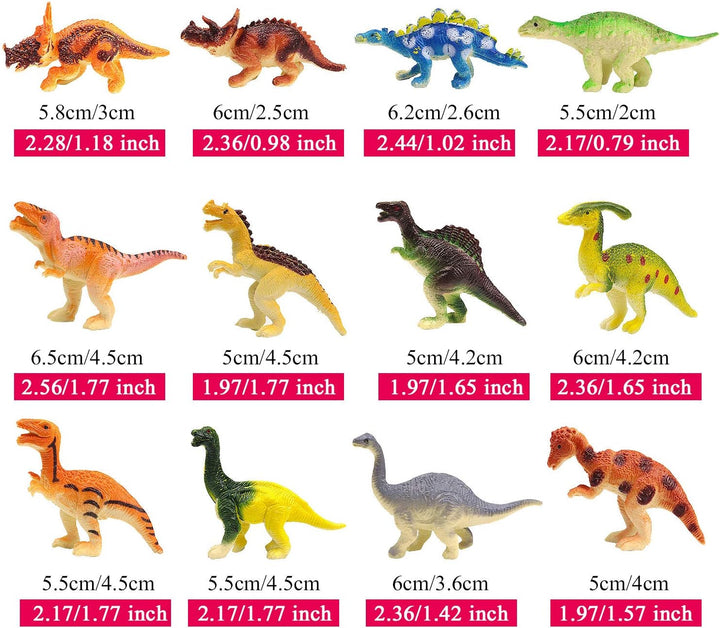 Plastic Assorted Mini Dinosaur Figures, Little Dinosaur Figurine, Small Dino Toy 1.5 Inch - 3 Inch, Great for Dino Cake Topper, Easter Eggs Filler, Pack of 12