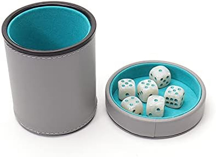 Grey Leather Dice Cup with Lid Including 6 Matching Pearl Dice - Teal Velvet Interior for Quiet Shaking - Use for Liars Dice Farkle Yahtzee Board Games, Grey