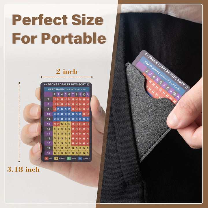 Blackjack Strategy Card -Stainless Steel Blackjack Basic Cards Allowed at Blackjack Table in the Casino 4+ Decks Hit Soft 17 with Leather Sleeve (Larger