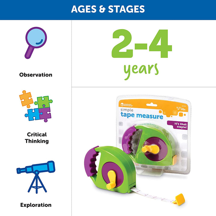 Simple Tape Measure, Ages 3+, Retractable Toy Tape Measure, Measures 4 Feet, Construction Toy for Kids,Back to School
