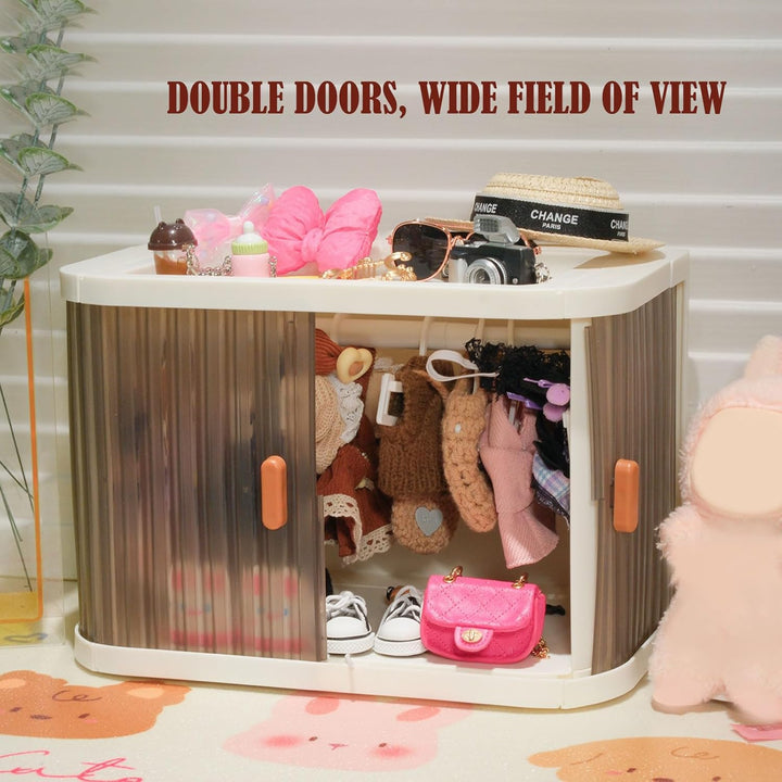 Foldable Doll Wardrobe Storage Box Compatible with Labubu Clothes with 10 Hangers & Rod - Stackable Organizer Cabinet for 15/17Cm Doll Clothes with Dust-Resistant Cover and Display Shelf