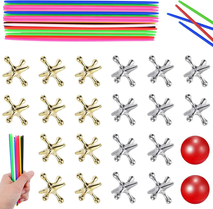 3 Sets Jacks Game and Pick up Sticks, 180 Pcs Sticks and 30 Pcs Metal Jax with 3 Pcs Red Rubber Balls, Classic Pick up Sticks Game for Kids Adults Family