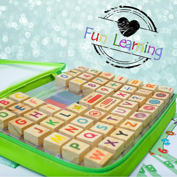 Large Wooden Stamp Premium Set for Kids. 72 Pcs Alphabet Stamps. Letters, Numbers, 3-Color Washable Ink Pad, 3 Refill Bottles, Activity Book. Ideal Creativity Kit for Back to School