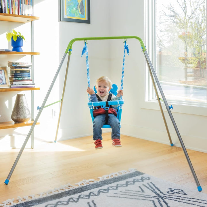 My 1St Toddler Swing - Heavy-Duty Baby Indoor/Outdoor Swing Set with Safety Harness, Blue, 52"L X 55"W X 47"H