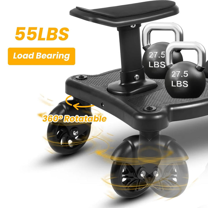 Universal Stroller Board with Detachable Seat, 2-In-1 Stroller Ride-On Board for Toddler, Fits Most Stroller Brands, Sit and Stand Stroller Attachment, Holds up to 55 Lbs for Kids Ages 3-7