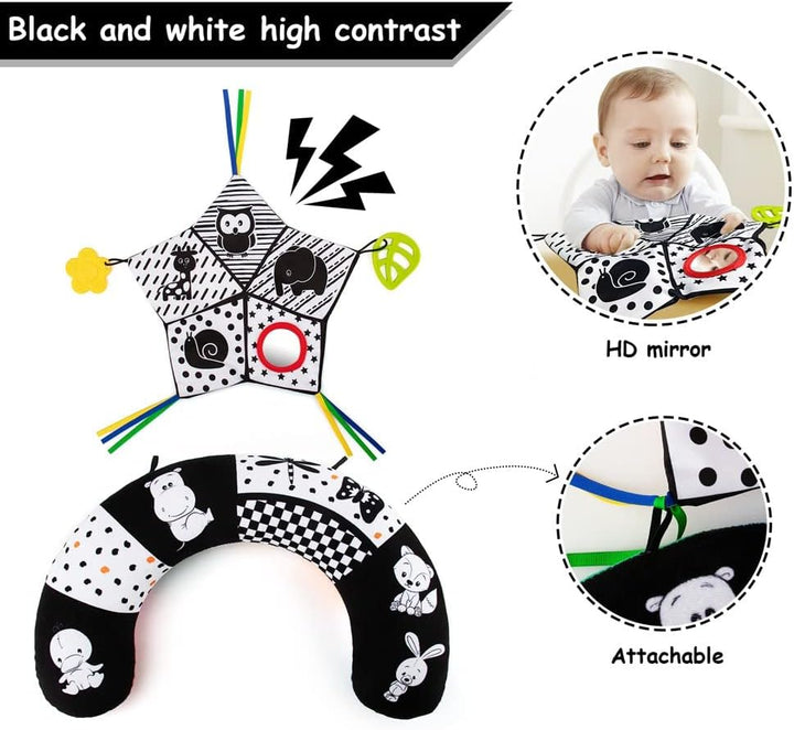 Tummy Time Pillow with Crinkle Mat & Teethers, Black and White High Contrast Baby Toys with Mirror, Montessori Sensory Crawling Toy for Infant Newborn Toddler Tummy Time Toys 0-6 Months Babies