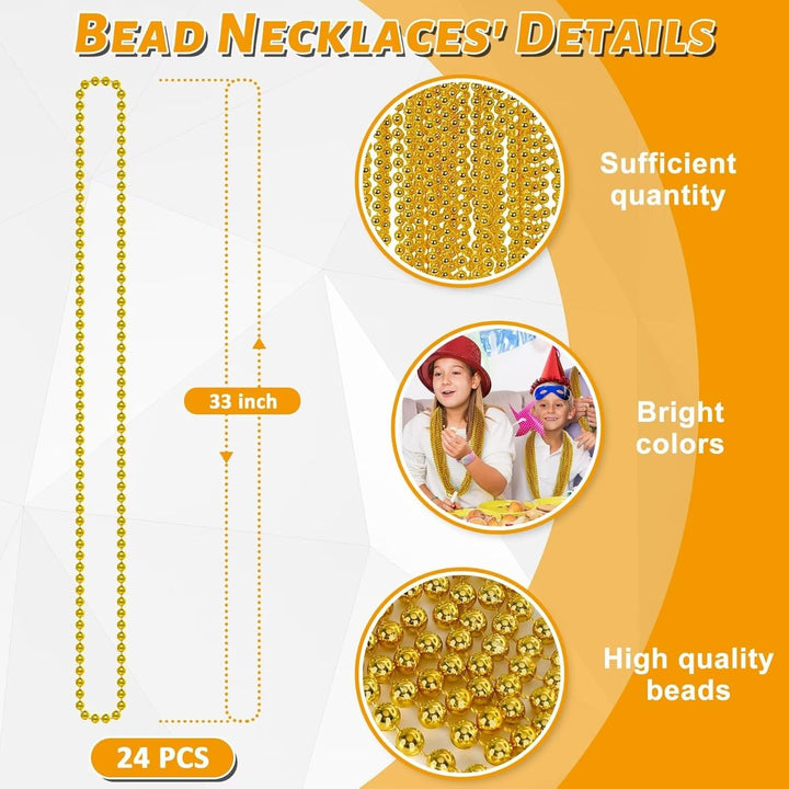 Gold Bead Necklace, 24PCS Christmas Bead Necklaces Stuff, 33" Mardi Gras Xmas Beaded Necklace Costume, Festival Parade Throw Accessories for Wedding Birthday Pirate Party Baby Shower Supplies Decor